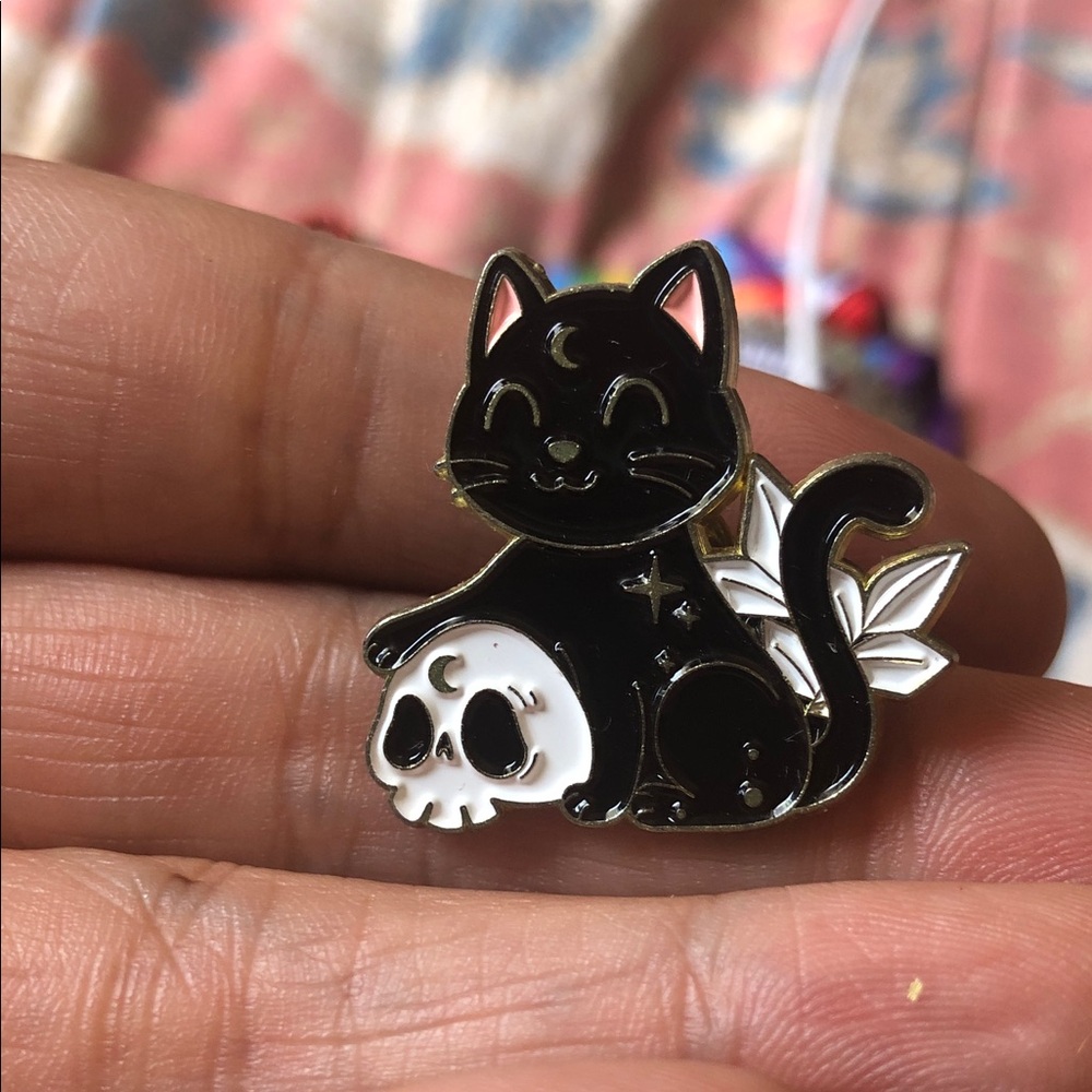 Black Cat Enamel Pin with White Skull Accent - Cute Gothic Cat Accessory